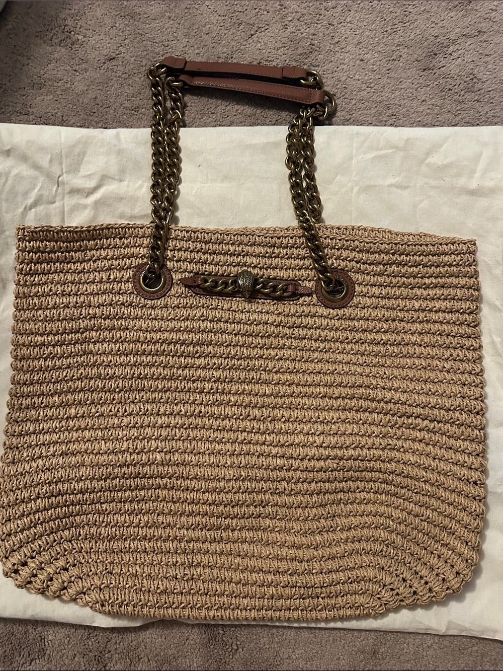 NWOT Kurt Geiger Tan Woven Straw Tote with Chain Handles